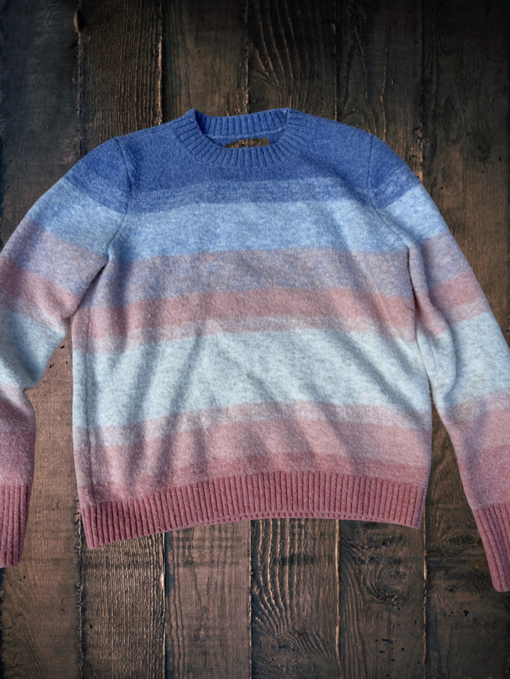 LOFT Womens Ombre Striped Crew Neck Sweater M Pink Blue Fuzzy Pastel Pullover